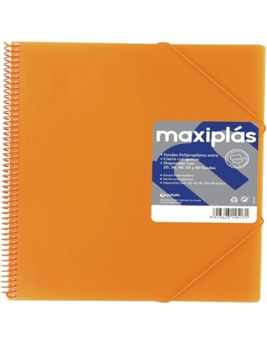 Carpeta 40 Fundas Espiral Maxiplás Pp Traslúcidos Con Sobre A4 Naranja